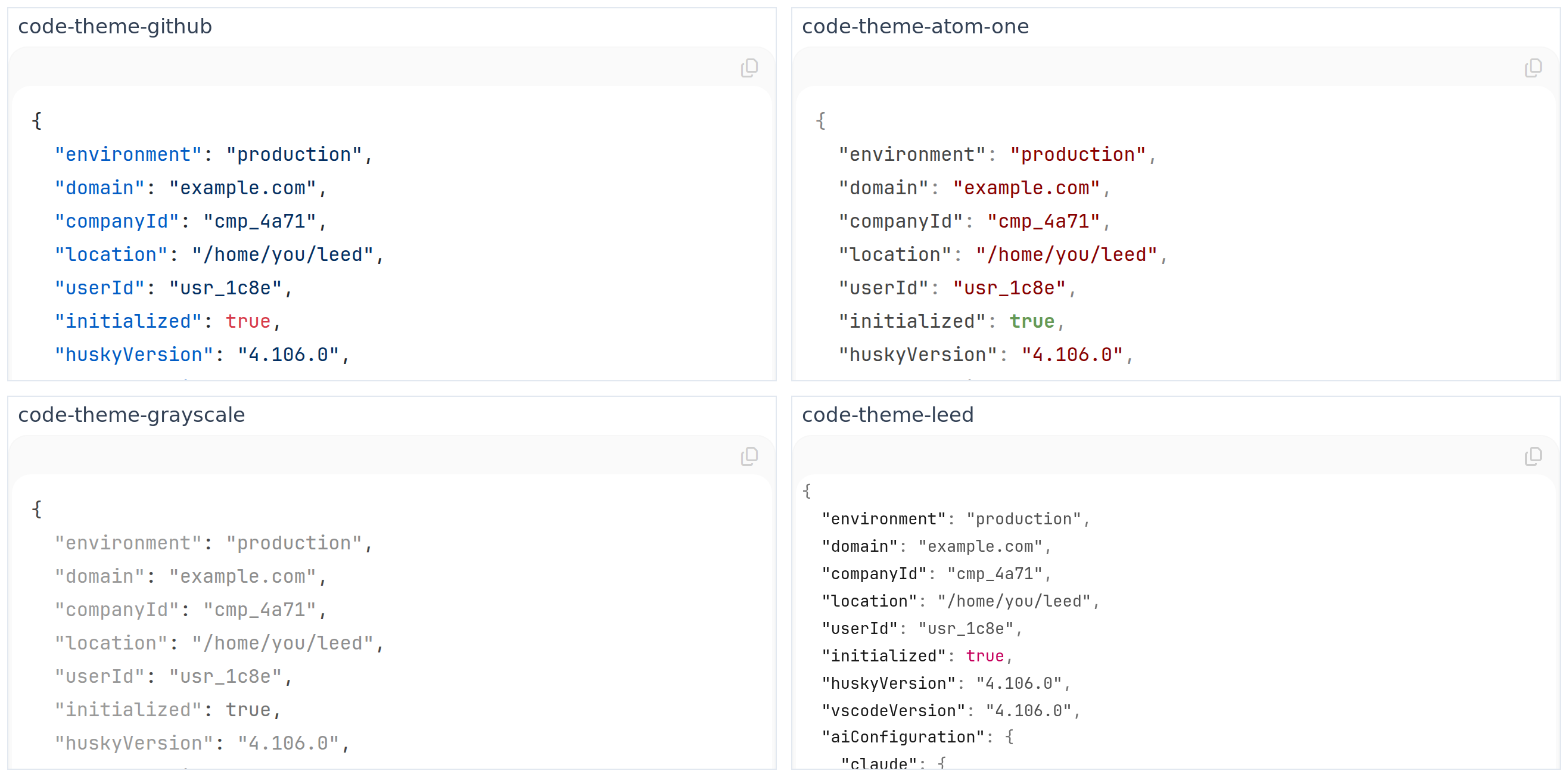 The same code block rendered under four different code themes side by side, with identical source in each so only the colors differ