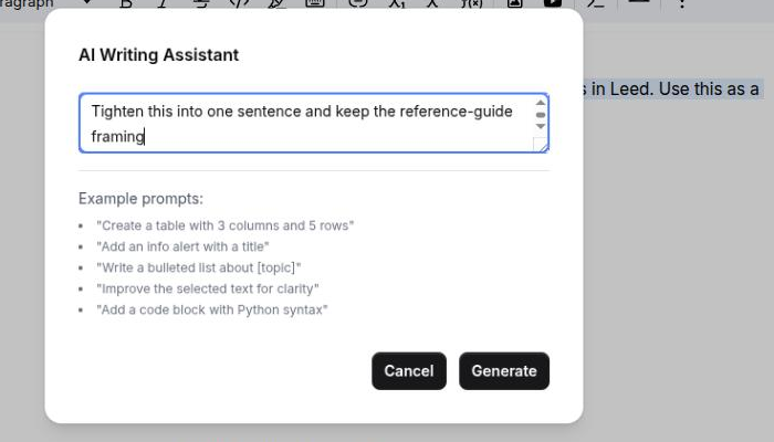 The AI Writing Assistant dialog open over the page canvas with a paragraph selected and highlighted behind it, an instruction typed into the prompt box