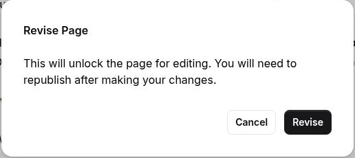 The Revise Page confirmation over a published page, with Cancel and Revise actions