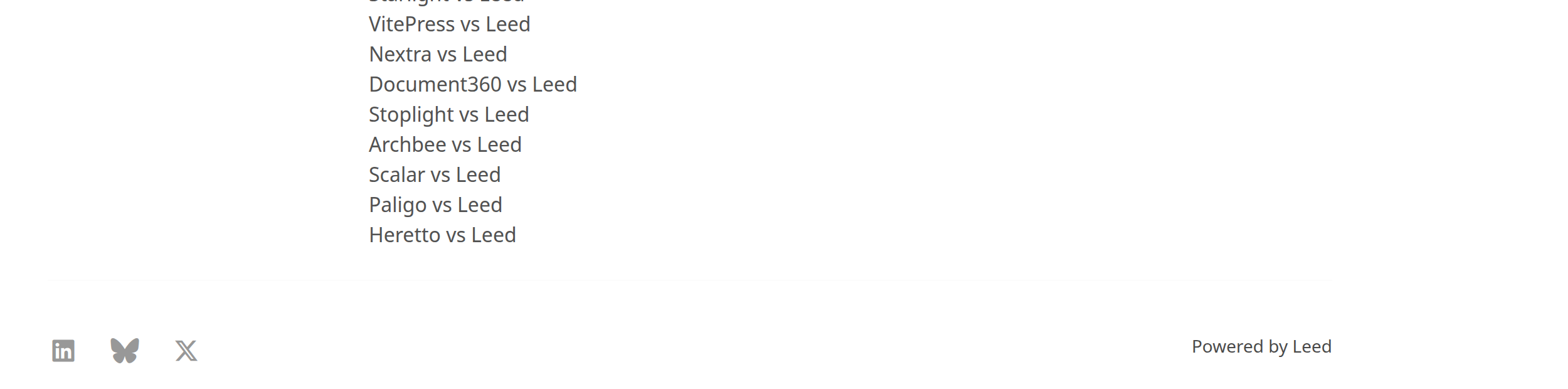 The footer of a Free-tier documentation set, showing the bottom menu columns, the social icon row and the Powered by Leed line