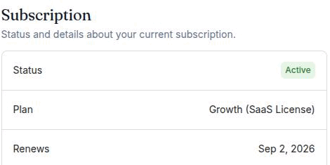 The Subscription panel showing an Active status badge, the plan name, the renewal date, and the Manage subscription and Cancel buttons