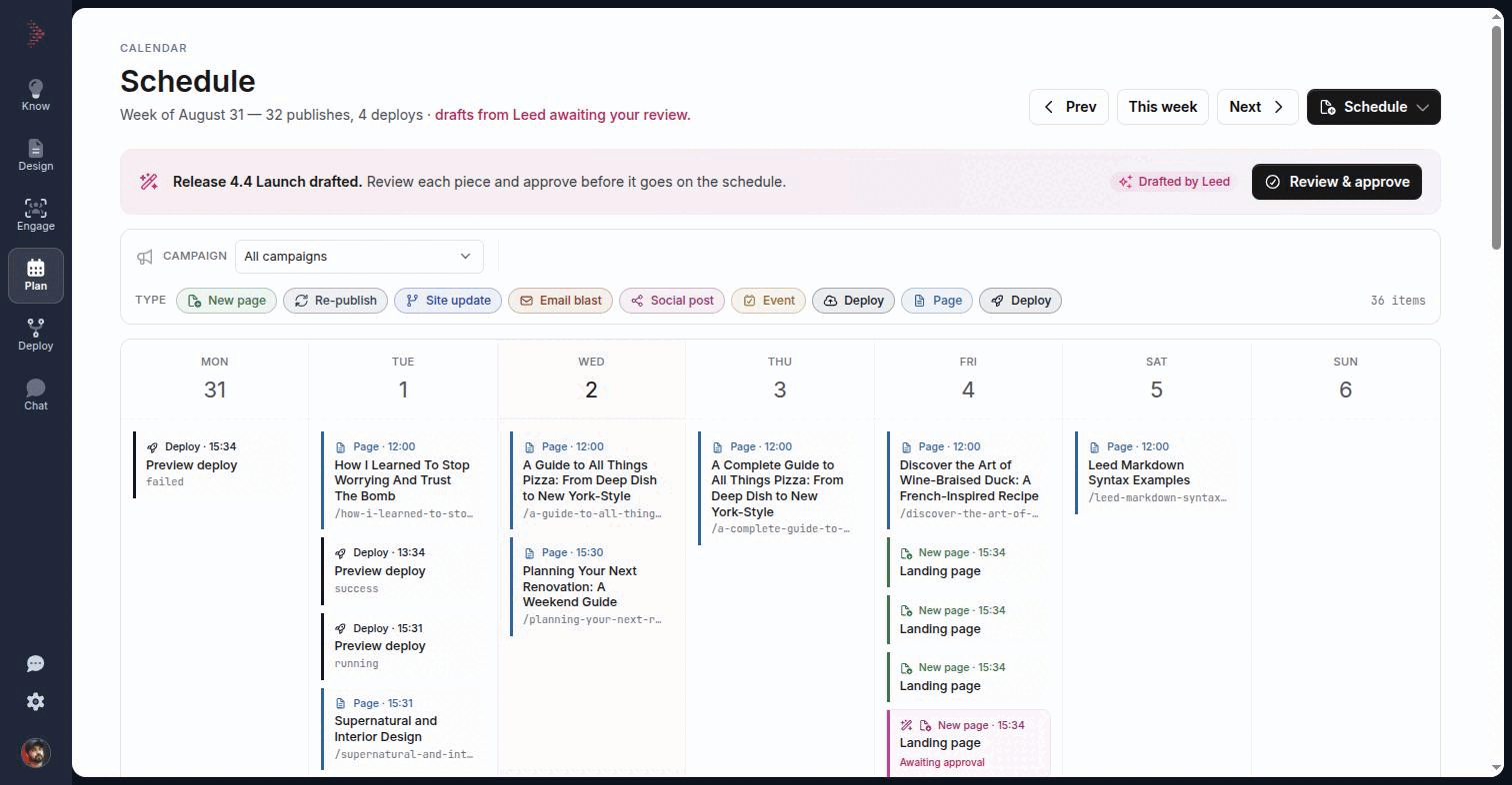 The Plan tab showing a populated week: the Schedule heading, week controls, filter bar and seven-column grid
