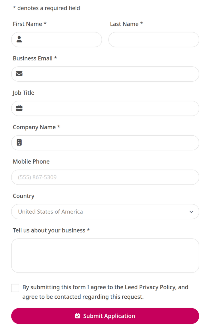 A rendered Leed form showing a text field, an email field, a country select and a consent checkbox above the submit button