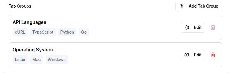 The Tab Groups list in Settings → General, with the reserved API Languages group and one custom group