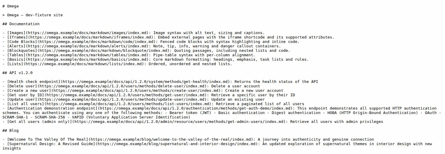 A browser showing the llms.txt file for leed.ai, with the site title as a heading, the site description as a blockquote, a page-type heading and several bulleted page entries