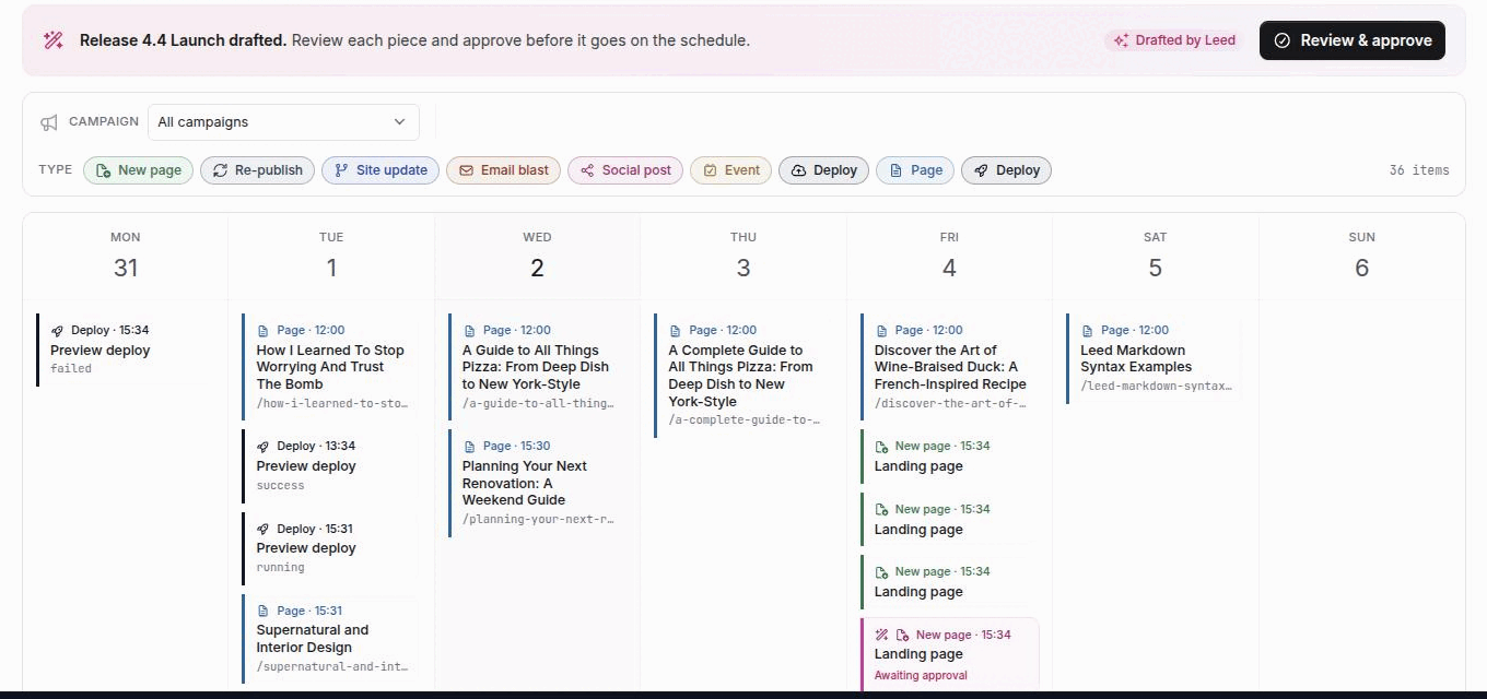 The Plan tab with the magenta review strip above the calendar grid