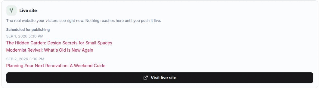 The Scheduled for publishing list on the Live site card, showing two time slots with the pages queued under each