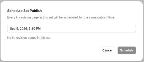 The Schedule Set Publish dialog listing every in-revision page in the set with its outcome badge