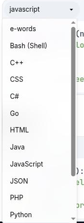 The code block's language dropdown open in the editor, showing custom languages above the built-in list =172x458