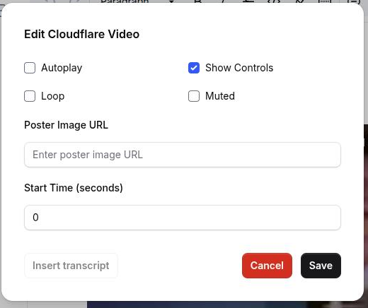 The Cloudflare video block settings with the poster and thumbnail-timestamp control and the playback toggles, on a real Stream asset