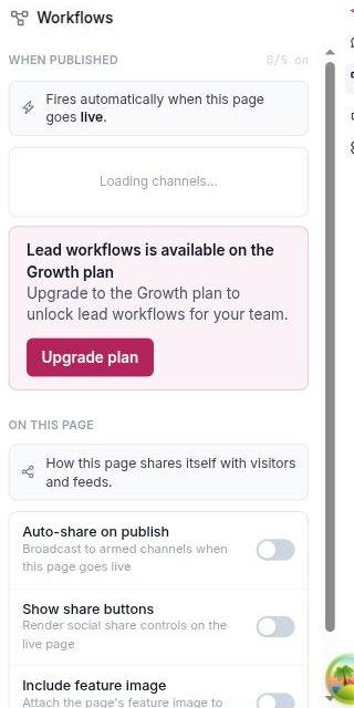 The Workflows tab in the editor's right rail on a Starter workspace, with the email channel armed and the social rows locked