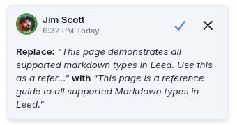 A suggestion card in the Comments rail with its anchor highlighted in the canvas, showing the avatar, block-type label, text preview, an emoji reaction with a count, and the Accept and Reject buttons