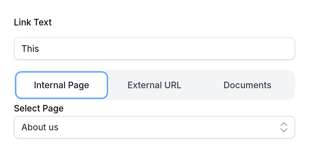 The link modal immediately after pasting a public-domain URL and blurring, now on the Internal Page tab with the page selected