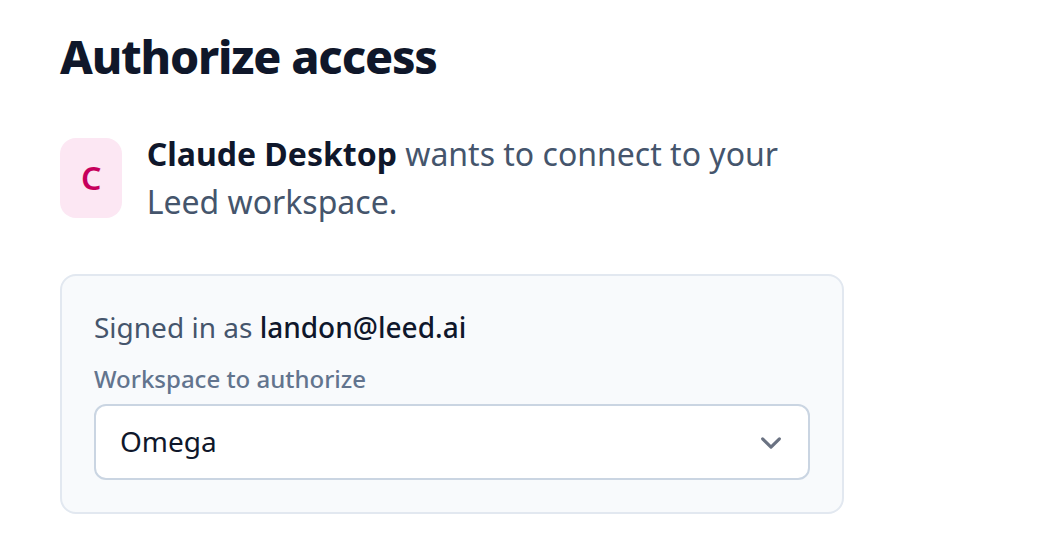 The consent screen for a user who belongs to two workspaces, with the Workspace to authorize picker open and both entries visible
