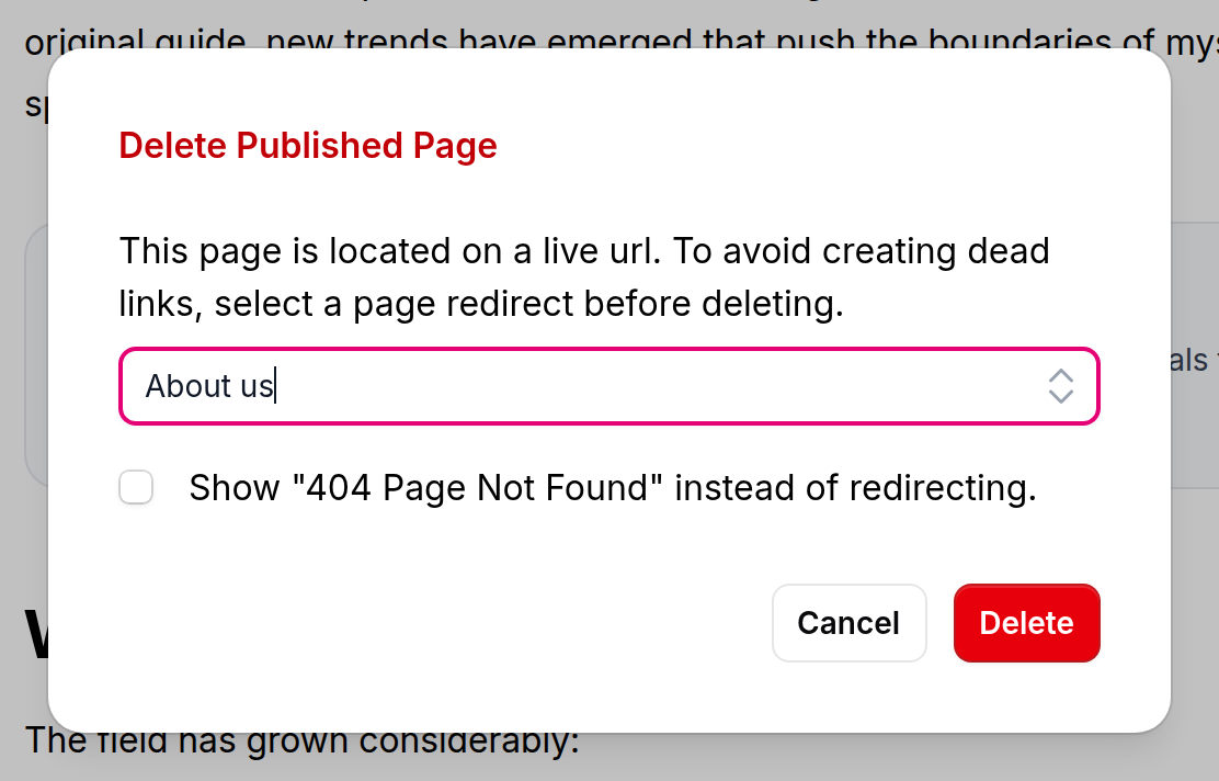 The Delete Published Page dialog with a redirect target chosen
