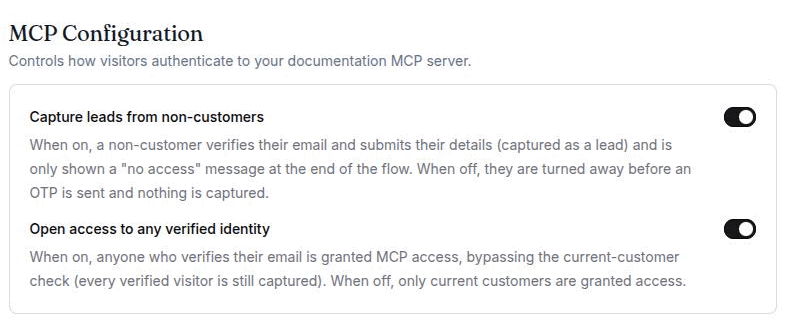 The MCP Configuration section of Settings → System Settings → General, showing the Capture leads from non-customers and Open access to any verified identity switches, both on