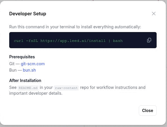 The Developer Setup dialog, showing the install command, the prerequisites list and the After Installation section
