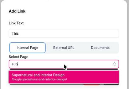 The link modal open on the Internal Page tab, showing all three tab labels, a filtered page list and a pre-filled Link Text field