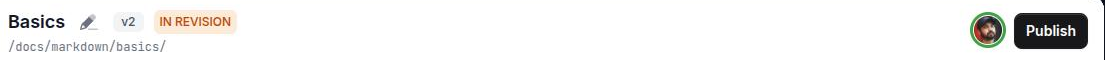 The document header of a page at v4, showing the version chip, the orange IN REVISION badge and the Publish button