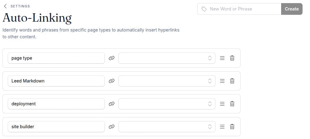 The Automations settings screen, showing the Auto-Linking section with the New Word or Phrase input and four term rows, each with a drag handle, a phrase, a target-page picker and a delete icon