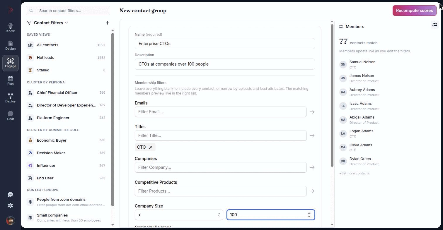 The New contact group form in Engage, with two filters built and the matching-contact count in the right rail