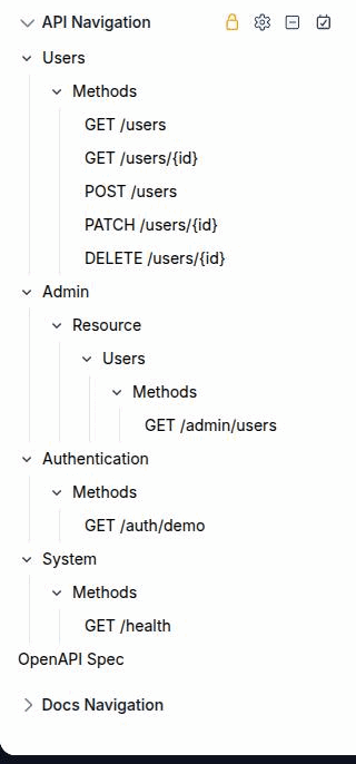 The Documentation tree for an API set, with method-badged endpoint leaves