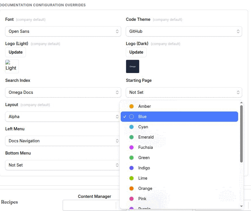 The theme fields on a documentation page type: the Theme swatch list open with several color options visible and one selected, with Font and Code Theme beside it and one field annotated as a company default