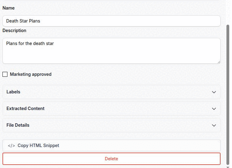 A PDF document asset showing the inline preview frame, the Name and Description fields, the collapsed Extracted Content section and the Copy HTML Snippet button