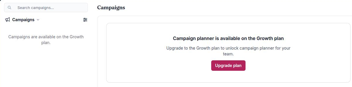 The Campaigns section on a Starter workspace, showing the empty list message and the center upgrade prompt