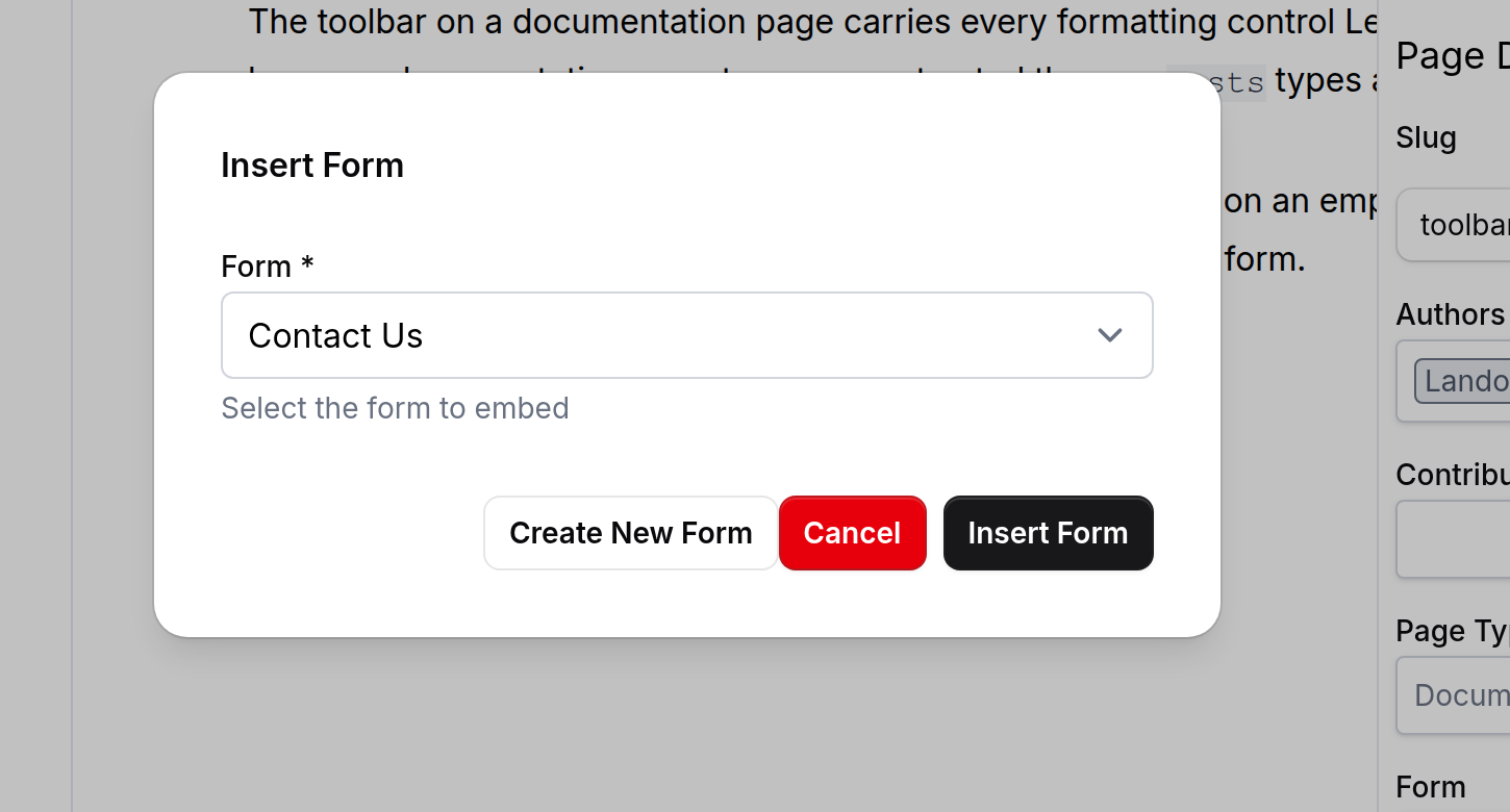The Insert Form dialog, showing the Form select expanded with the named forms and the Create New Form button beside Cancel and Insert Form