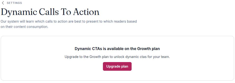 The same Dynamic Calls To Action screen on a Starter workspace, showing the upgrade panel filling the page body with no CTA list