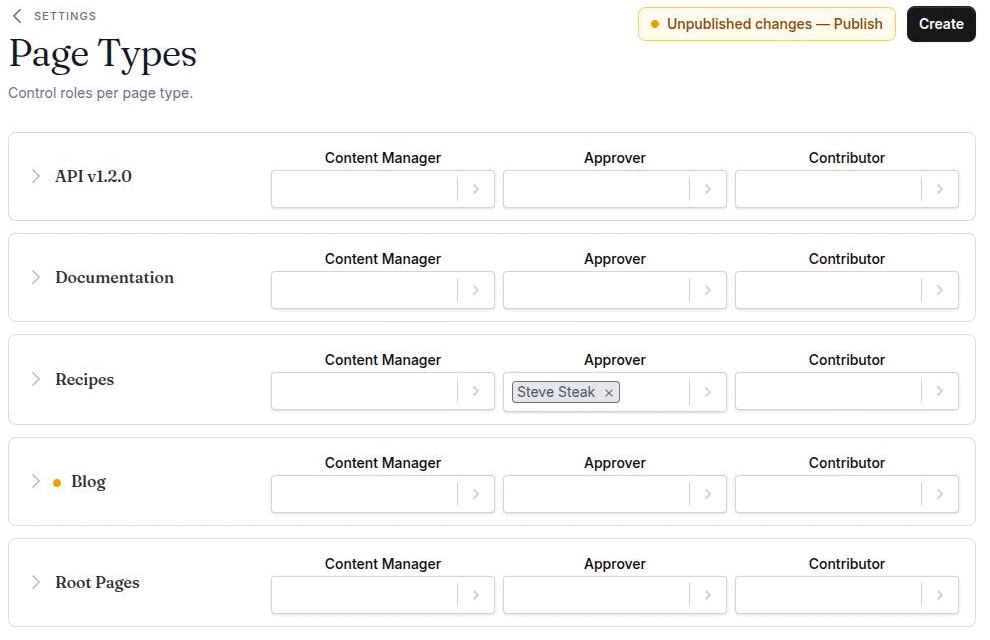 The Page Types screen in Settings, listing a posts type, a documentation type and an API type as collapsed panels