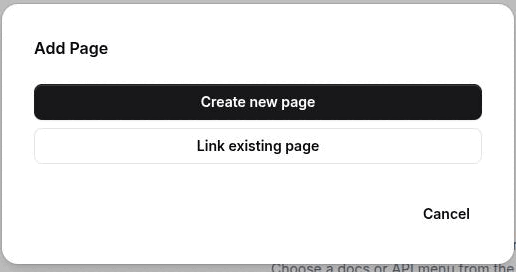 The Add Page dialog showing its two buttons, Create new page and Link existing page