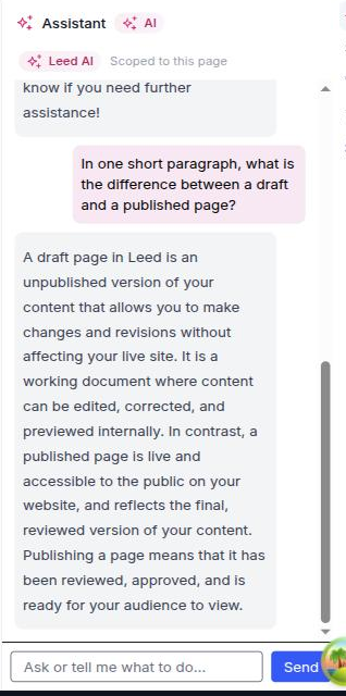 The right rail's Assistant tab mid-conversation on a real page, showing the AI badge on the tab icon, a user turn, an assistant turn and the composer