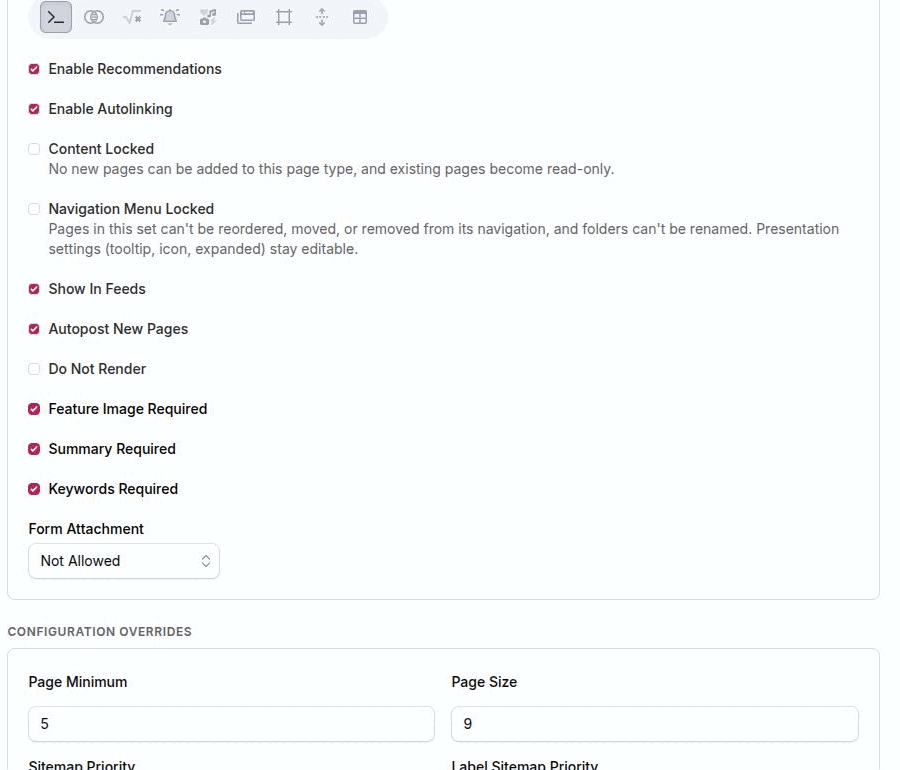 Settings → Page Types with a posts type expanded, showing the Show In Feeds checkbox checked alongside Enable Recommendations, Enable Autolinking and the Sitemap Priority fields