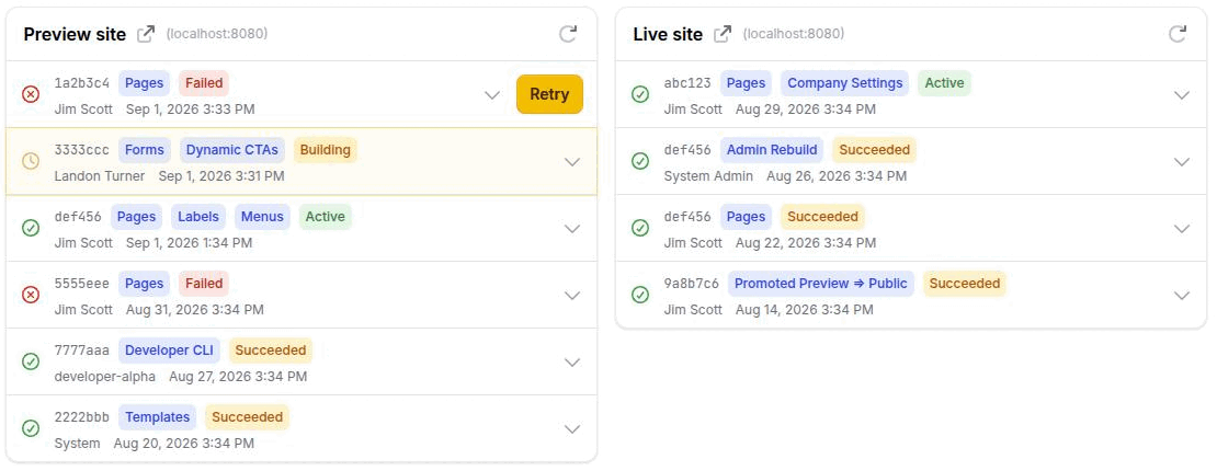 Deployment history in two columns, each with one Active row