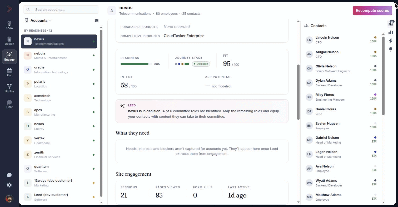The Accounts section with an account selected, showing the readiness-sorted list, the header chips and the status strip