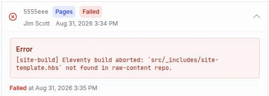 A collapsed failed deployment row with the inline text Content/template error — fix in content in place of a Retry button