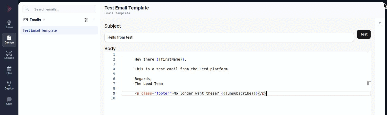 The email layout canvas with the subject field, the Test button and the HTML body in the code editor