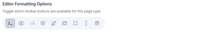The Editor Formatting Options control on a posts page type in Settings, a pill holding nine icon buttons with a mix of enabled and disabled states