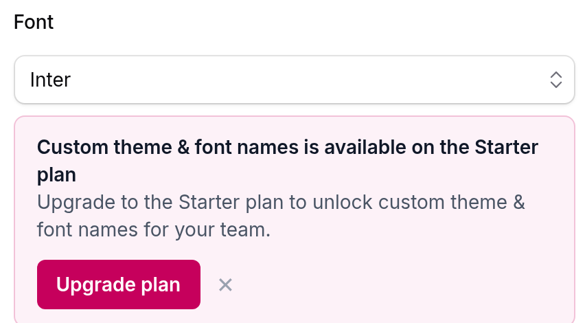 The same Theme field on a Free-plan workspace, showing the upgrade prompt in place of the custom-name input