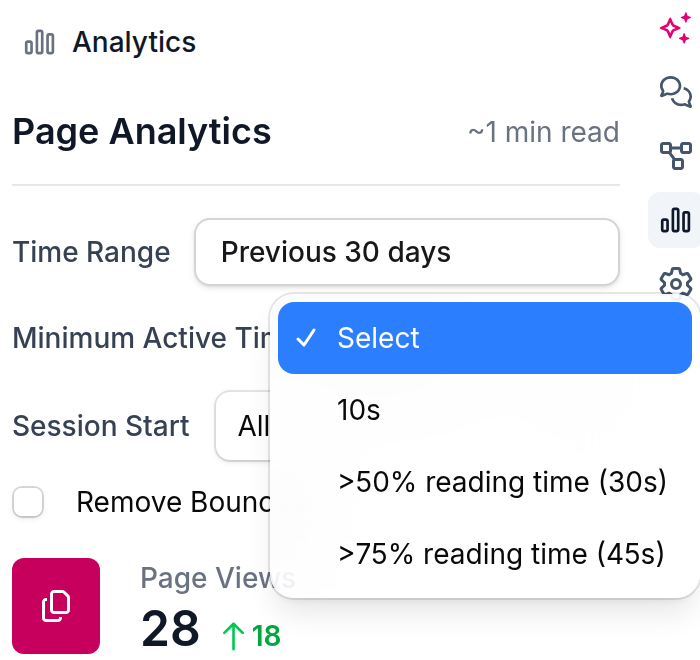 The Minimum Active Time listbox open, showing the computed reading-time thresholds alongside the fixed 10s, 30s and 45s options