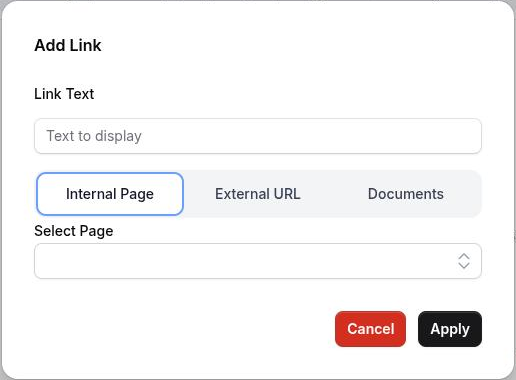 The Add Link dialog in the page editor, with a full internal URL pasted into the External URL field