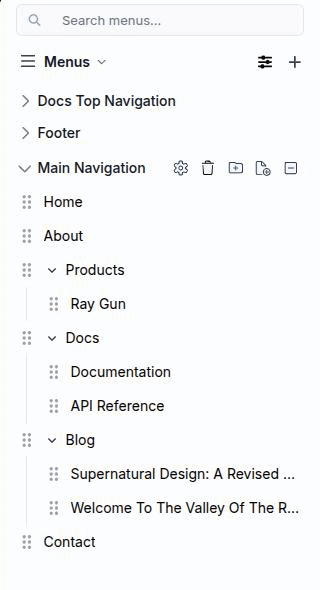 The Menus section of the Design workspace, with the menu list on the left and one site menu's tree expanded in the panel