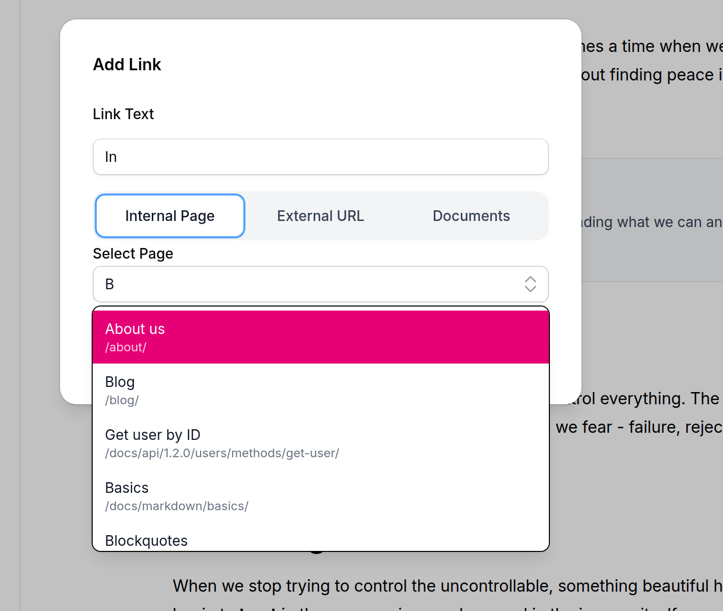The editor's link picker open on the Internal Page tab, with a typed query in the page search field and several matching pages listed beneath it, alongside the External URL and Documents tabs
