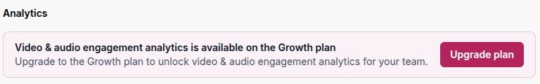 The Analytics section on a video asset below Growth: the heading remains, with an upgrade banner in place of the summary and no date picker
