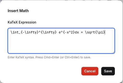 The math dialog open over the page editor, showing a LaTeX input containing an integral expression and, below it, the same expression typeset as it will appear on the published page