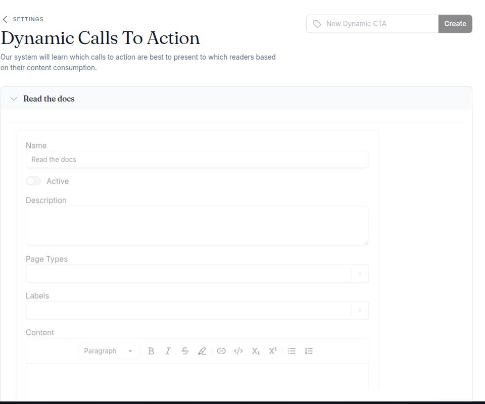 Settings, Dynamic Calls To Action, with the New Dynamic CTA input at the top right and one CTA expanded to show Name, Active, Description, Page Types, Labels, the content editor, Start Date and End Date