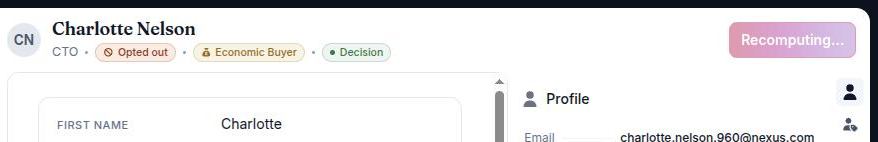 The Engage header with the Recompute scores button in its Recomputing… disabled state