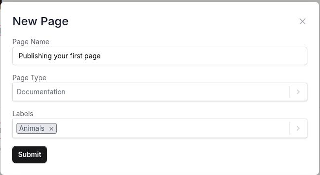 The New Page dialog with a name, a page type and a label chosen